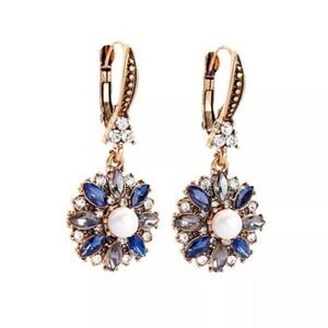 Blue Crystal Pearl Vintage Gold Leverback Statement Earrings